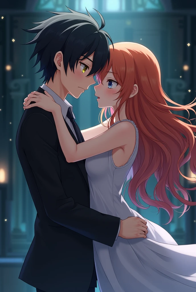 Boy, black hair, yellow eyes, cold face, holding a girl, long orange hair, blue eyes, wearing a nightgown. Anime characters