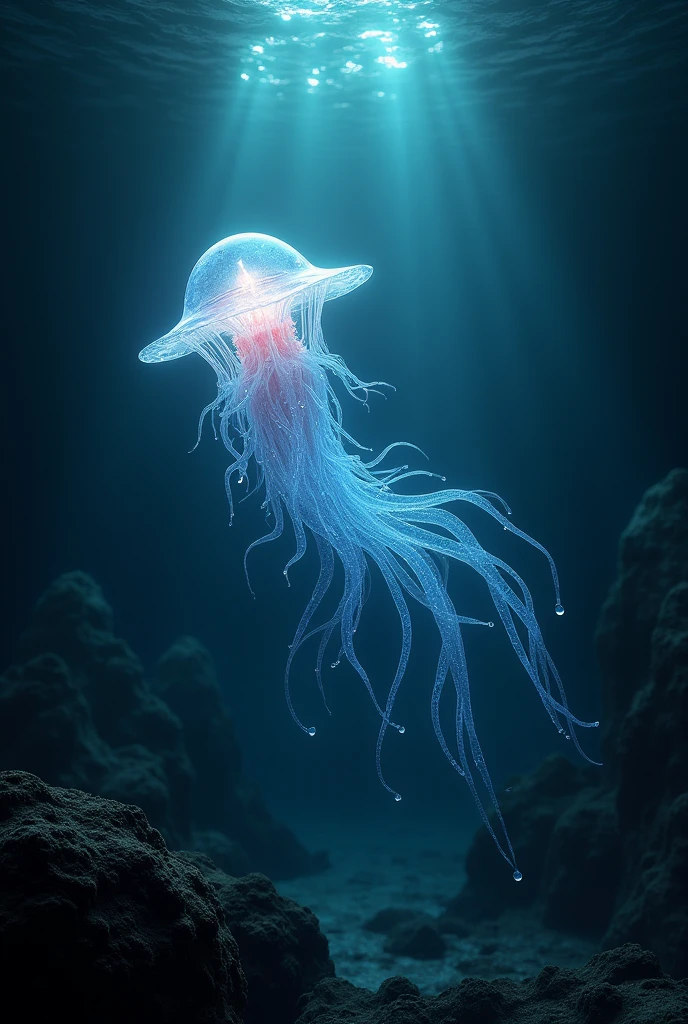 Create a sea creature, living at the bottom of the ocean. Its body is transparent and glows when it moves.. It feeds on microscopic organisms., and when in danger it emits a luminous liquid, repelling predators.