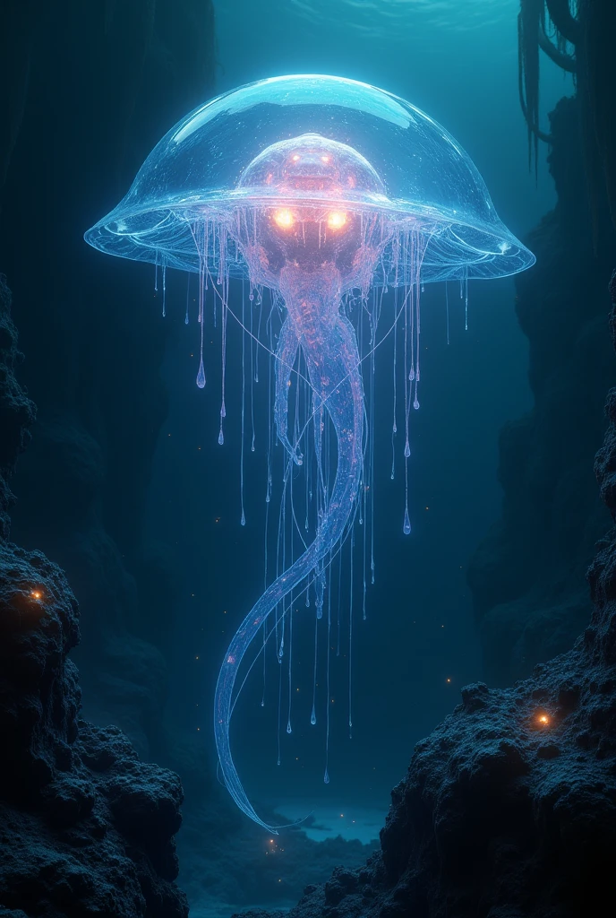 Create a sea creature, living at the bottom of the ocean. Its body is transparent and glows when it moves.. It feeds on microscopic organisms., and when in danger it emits a luminous liquid, repelling predators.