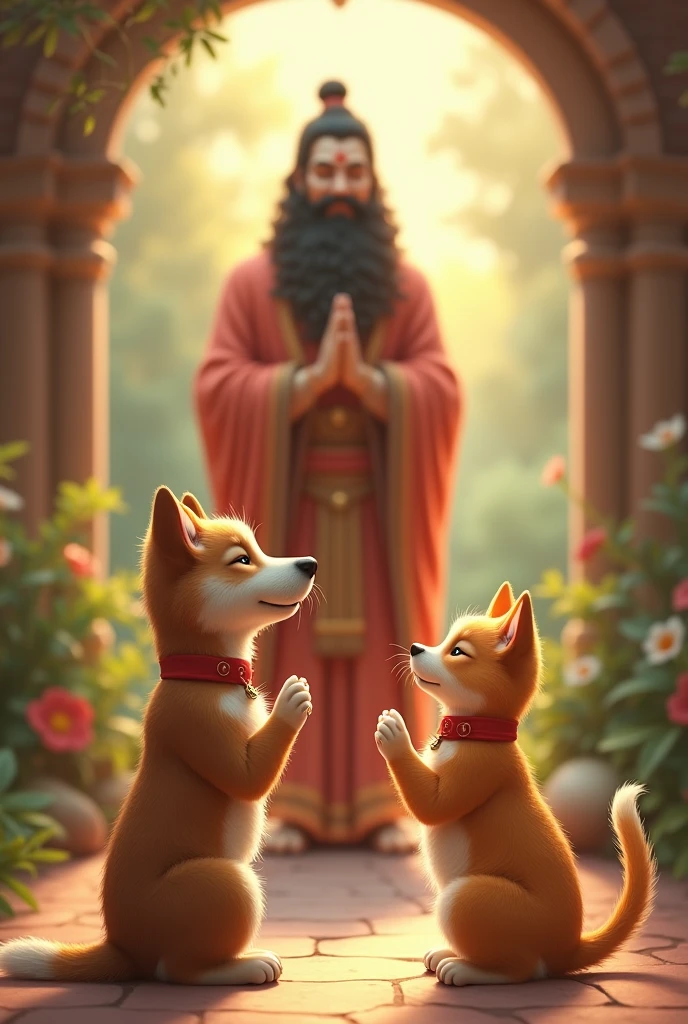 Create a cute and heartwarming scene where a dog and a cat are standing with folded hands (in a prayer-like pose) in front of Lord Hanuman (Bajarang Bali). The animals should look adorable and peaceful