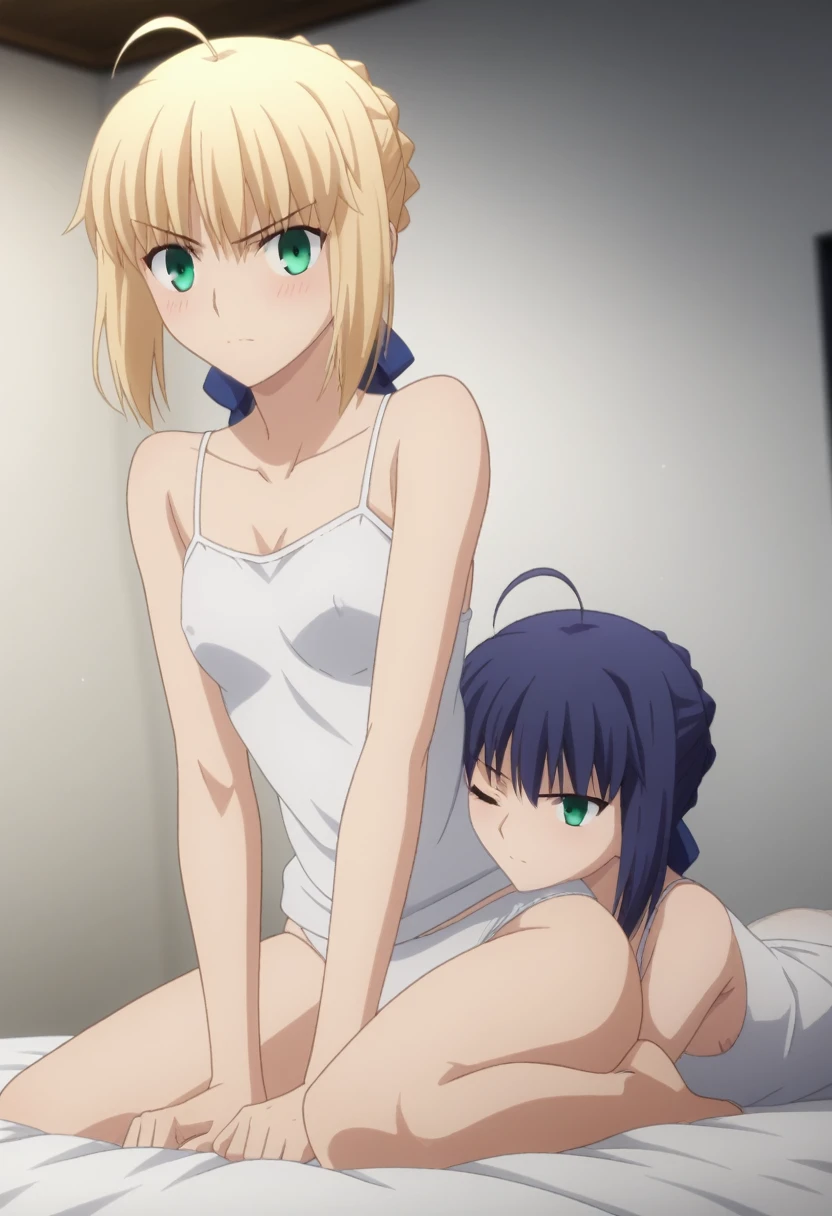 score_9, score_8_up, score_7_up, source_anime, rating_safe, intricate details, anime screencap, official style, looking at viewer, , ,
2 tall girl, saber \(fate\), blonde hair, green eyes, , ahoge, hair between eyes, braid hair, hair bow, (Striped Glitter,Seraphic ,Hexagram ,Supersolid,Quantum entanglement,Self-healing Concrete,Acrylic Convection,Vibration,Mesmerizing,Enigmatic,Dodecahedron magic:1.0), fsn_ubw_style, (rape) , ffm threesome, lesbian ,nsfw , {{many girls-arms grabbed girl:1.8}}, restrained, , {{{{hug from behind}}}}, {{{{countless arms:1.5}}}}, {{{{countless hands:1.5}}}}, {{arms grabbing}}, {{legs grabbing}}, grabbing, , she is embarrassed, yuri sex, lesbian sex, alone, Dutch Angle, View your viewers, (white camisole) ,Cowboy Shot,, in beautiful bed, bed room , (white panties), blush, small breast, nipples, sitting ,