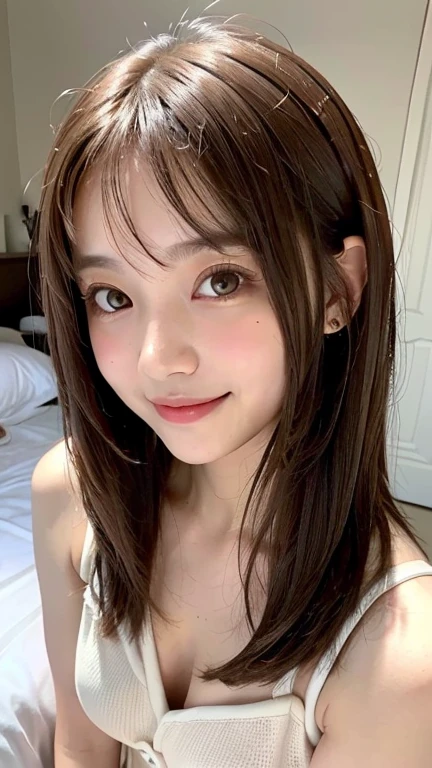 (((Face close-up)))、(((Brown straight hair)))、(((she was on the bed、Posing like a model at a hair salon。.)))、(((She is wearing a lovely summer outfit.。shoulders are hidden)))、(Natural laughter:1.25)、Half Japanese, Half Korean、1 girl、Independent、I&#39;m looking forward to、Light eye makeup、Brown Hair Color、Flat 、Hair blowing in the wind、Quality of actress、Shiny, Ultra-realistic faces、smile、Watery eye、look up、Subtle lighting effects、 Ultra-Realistic Capture、Very detailed、High resolution 16K human skin closeup。Skin texture must be natural、The detail must be such that the pores are clearly visible.、skin is healthy、Even Tone、Use natural light and colour、Worn out, High quality photos taken by modeling agencies&#39;In-house photographer.、smile、(((Sigma 300mm F/1.4,1/1000 sec shutter,ISO400)))、The background is F-stop 1...4 is blurry
