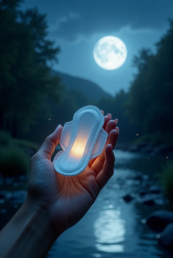 women's sanitary pads is on a woman's hand, it's dark outside at midnight, full moon night, moonlight drops on the hand, the river and beautiful night scenery can be seen in the background