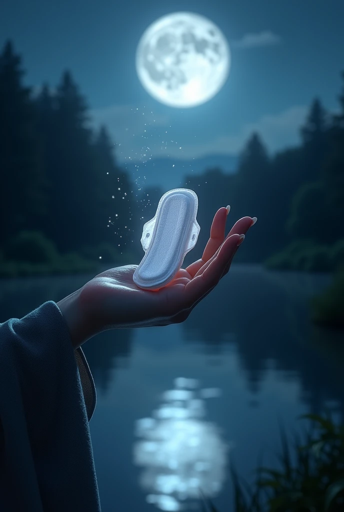 women's sanitary pads is on a woman's hand, it's dark outside at midnight, full moon night, moonlight drops on the hand, the river and beautiful night scenery can be seen in the background