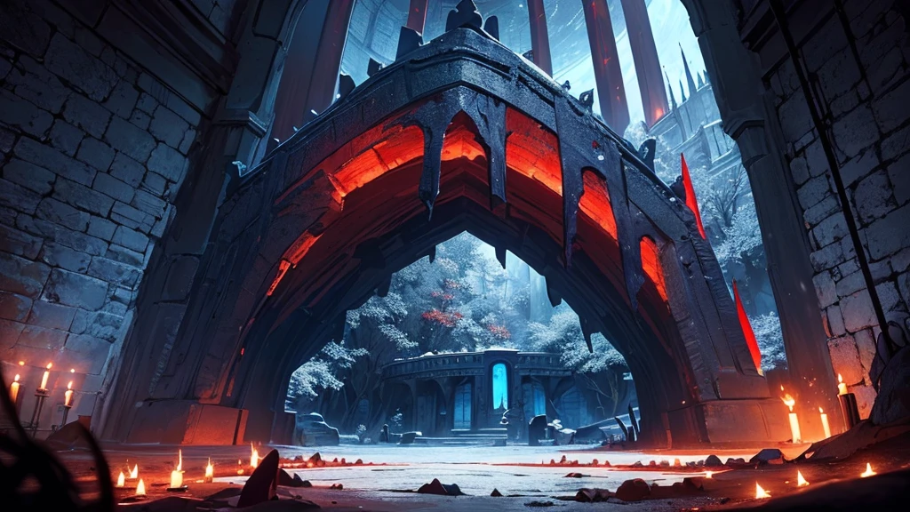 (masterpiece), (best quality), (The finest details), (General view from a distance), (Main colors: Dark Blue), (Secondary Color: Red), night, shadow (detailed, Strong contrast),unmanned,magnificent,dark,Red glow,A cave with spells carved on it,Chamber of Secrets,Sacrifice,chain