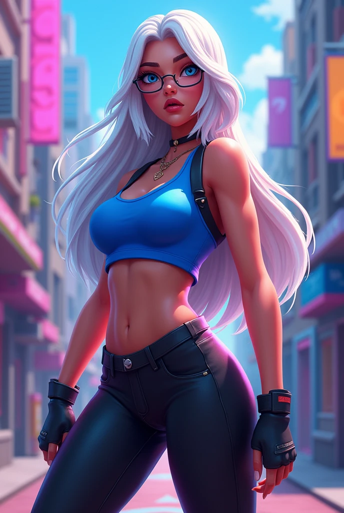 fortnite style girl, long white hair, Broad Hips, blue colored eyes, wearing glasses, Allstar Sneakers, sexy cobalt blue top black leggings full body sexy pose