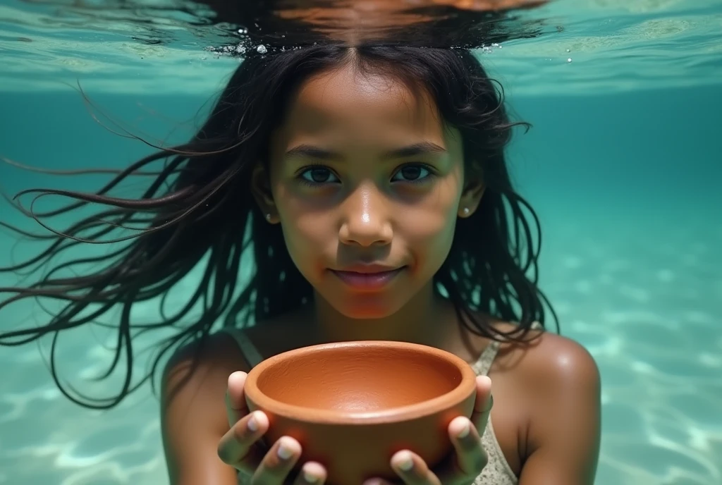 Portrait of an indigenous girl diving, looking to the camera, Amazonian,, underwater, wet long hair, warm colors, high contrast, showy, hyper detail, ultra detailed fine art photography, , ultra sharp focus, ultra high quality model, Soft lighting, hyperrealism,, (sharp face, detailed face, realistic face, Natural skin, Realistic skin, detailed skin, detailed eyes,realistic eyes), , sense of life and movement of the image, by the flaming, moving hair, perfect composition, lying in shallow light blue water, relaxing diving_wet hair, wet face and body, Surreal concept, calm atmosphere, dreamer, ethereal, serenity, quiet, The scene looks like something out of a Female Water Spirit movie, by the flaming, flowing hair, turquoise, celestial, overseas, delivering pequeño recipiente de arcilla concavo, holding a hollow container, delivering, giving cup