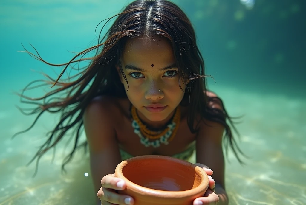 Portrait of an indigenous girl diving, looking to the camera, Amazonian,, underwater, wet long hair, warm colors, high contrast, showy, hyper detail, ultra detailed fine art photography, , ultra sharp focus, ultra high quality model, Soft lighting, hyperrealism,, (sharp face, detailed face, realistic face, Natural skin, Realistic skin, detailed skin, detailed eyes,realistic eyes), , sense of life and movement of the image, by the flaming, moving hair, perfect composition, lying in shallow light blue water, relaxing diving_wet hair, wet face and body, Surreal concept, calm atmosphere, dreamer, ethereal, serenity, quiet, The scene looks like something out of a Female Water Spirit movie, by the flaming, flowing hair, turquoise, celestial, overseas, delivering pequeño recipiente de arcilla concavo, holding a hollow container, delivering, giving cup