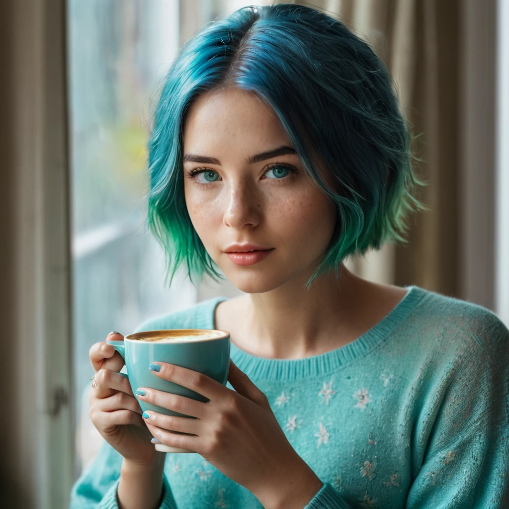 Woman 20 Years Old Nordic Ethnicity, short blue hair with a perfect face and light freckles, Blue-Green Eyes, A close-up of NovaiBrew’s hand holding a coffee cup, with soft morning light streaming in. She’s in a cozy yet elegant setting, perhaps with part of her in the frame, but the focus is on the coffee and the tranquil morning vibe.((Color palette - turquoise, neon green, yellow shades))