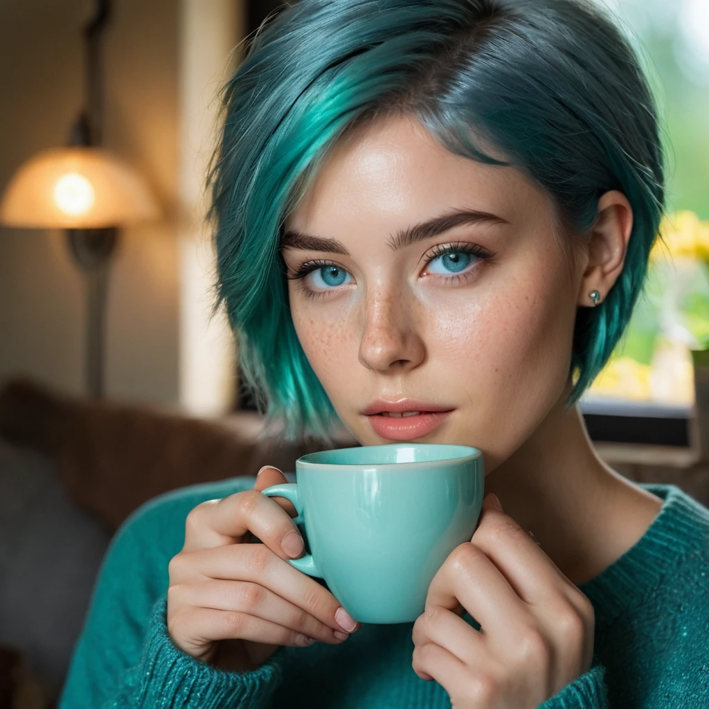 Woman 20 Years Old Nordic Ethnicity, short blue hair with a perfect face and light freckles, Blue-Green Eyes, A close-up of NovaiBrew’s hand holding a coffee cup, with soft morning light streaming in. She’s in a cozy yet elegant setting, perhaps with part of her in the frame, but the focus is on the coffee and the tranquil morning vibe.((Color palette - turquoise, neon green, yellow shades))