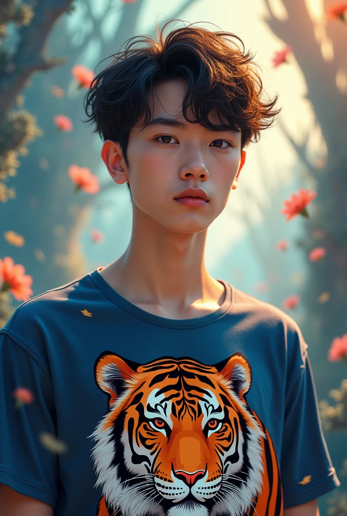 a light-skinned young man wearing a shirt, with a picture of a tiger, niji's vision, high quality
