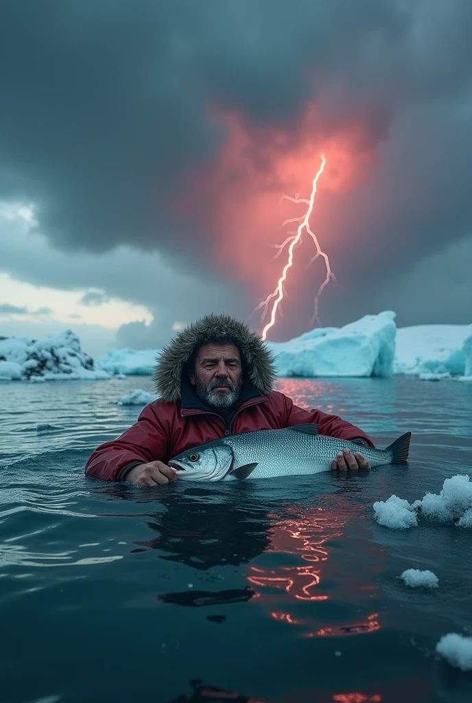 A man floating on Antarctica eating large fish realistic photo with thunderstorm sky and red lightining