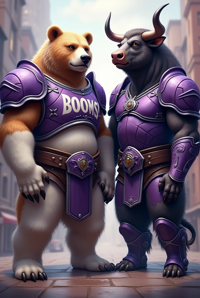 I need a picture of bear and bull is there together wearing armor and Hallmark color gray and purple and then their friendly with each other and that taking picture with a smile in the face and both of the muscular and in the armor 'BOOMS!'written and there body different color and bear some white most of body white and some brown and bull greyish purpl