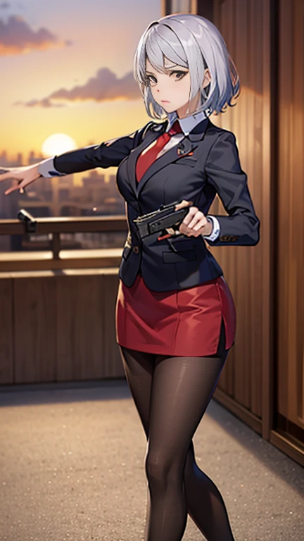 Highest quality、Ultra HD、One Woman、(Silver short hair 1.3)、(Red blazer 1.3)、(Red tie)、(shirt)、(Red Heel 1.1)、((Red Mini Tight Skirt))、((Black tights 1.2))、((1 Shooting a gun with both hands.5))、Stylish、Beautiful Faces、(Black belt 1.2)、2 female、Glamorous Body、(Sunset slum background 1.2)、((A clear and beautiful touch))