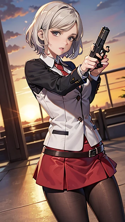 Highest quality、Ultra HD、One Woman、(Silver short hair 1.3)、(Red blazer 1.3)、(Red tie)、(shirt)、(Red Heel 1.1)、((Red Mini Tight Skirt))、((Black tights 1.2))、((1 Shooting a gun with both hands.5))、Stylish、Beautiful Faces、(Black belt 1.2)、2 female、Glamorous Body、(Sunset slum background 1.2)、((A clear and beautiful touch))