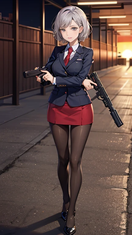 Highest quality、Ultra HD、One Woman、(Silver short hair 1.3)、(Red blazer 1.3)、(Red tie)、(shirt)、(Red Heel 1.1)、((Red Mini Tight Skirt))、((Black tights 1.2))、((1 Shooting a gun with both hands.5))、Stylish、Beautiful Faces、(Black belt 1.2)、2 female、Glamorous Body、(Sunset slum background 1.2)、((A clear and beautiful touch))