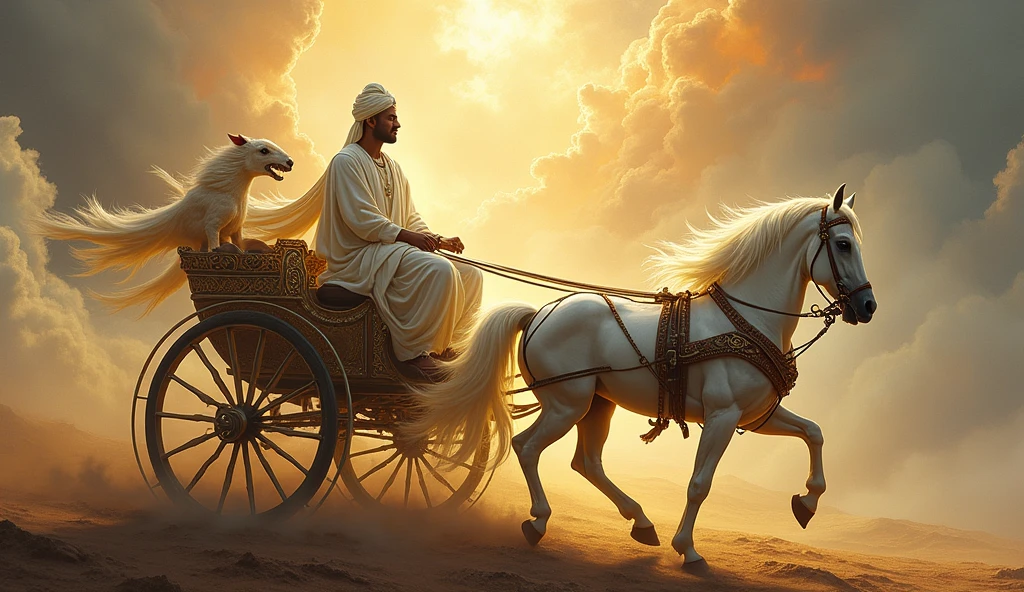 painting of a man riding on a white horse with a chariot, a detailed painting by Jitish Kallat, flickr, samikshavad, beautiful godrays, chariot, mythological painting, bright godrays, vishnu, inspiring art, version 3, masterpiece', breathtaking art, ancient kings in white robes, from ramayan, godess, hindu art