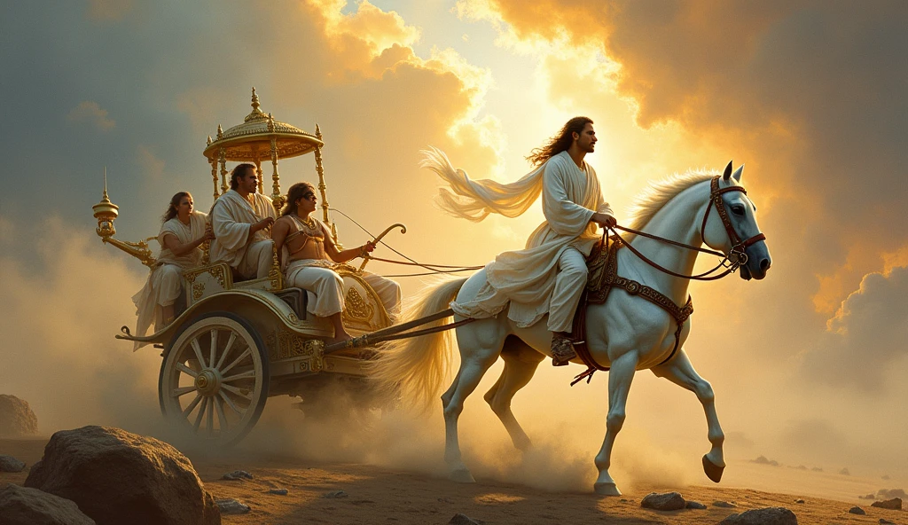painting of a man riding on a white horse with a chariot, a detailed painting by Jitish Kallat, flickr, samikshavad, beautiful godrays, chariot, mythological painting, bright godrays, vishnu, inspiring art, version 3, masterpiece', breathtaking art, ancient kings in white robes, from ramayan, godess, hindu art