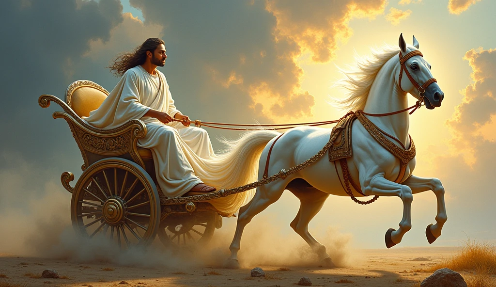 painting of a man riding on a white horse with a chariot, a detailed painting by Jitish Kallat, flickr, samikshavad, beautiful godrays, chariot, mythological painting, bright godrays, vishnu, inspiring art, version 3, masterpiece', breathtaking art, ancient kings in white robes, from ramayan, godess, hindu art
