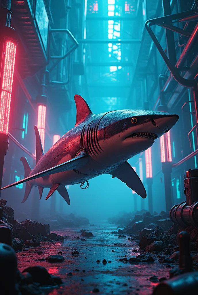 the shark  in robocostyum and with neon light 
