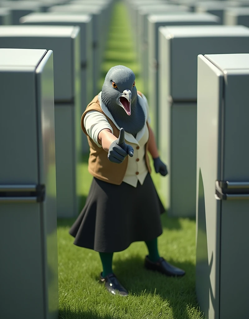 ((Highest quality)), ((masterpiece)), (Pointing his finger towards me), (birds-eye view:2), (wide shot), (turf field), 怒りの表情で口を開けたGray female pigeonがオフホワイトで襟付きのshort-sleeved shirtに薄茶色のベストを着てひざ丈の黒いスカートに濃い緑の靴下と黒の靴を履いて、とてもたくさんの最新の冷蔵庫に囲まれながらPointing his finger towards me, (Gray female pigeon), (short-sleeved shirt), Photorealistic images。
