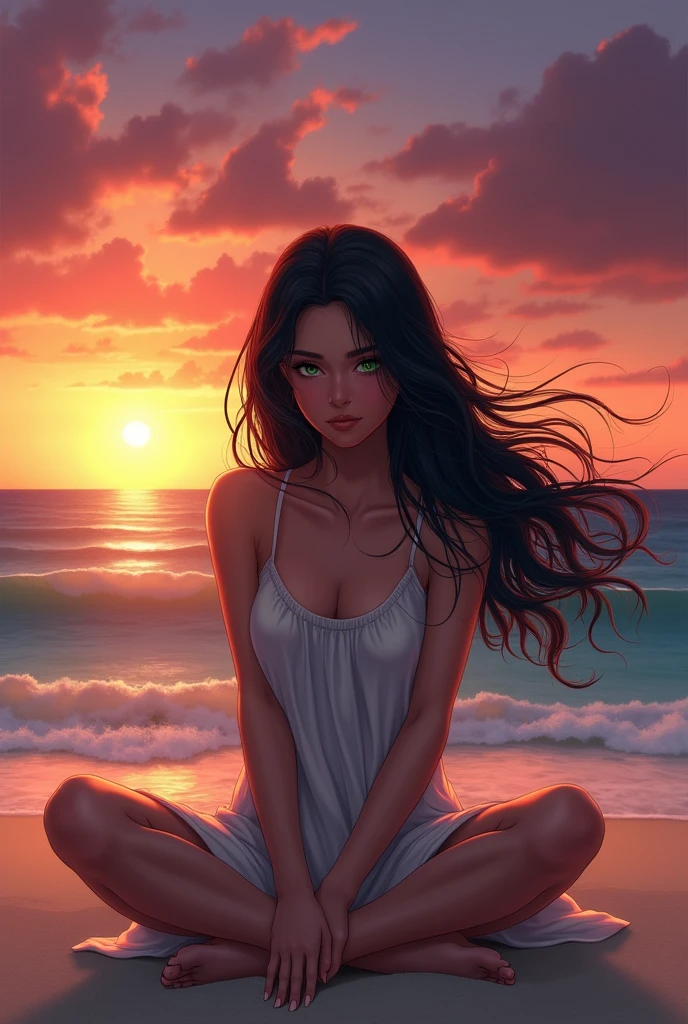  An illustration in a vertical format of a woman with long black hair and green eyes sitting on a Caribbean beach at sunset. The woman is centered in the image, sitting on the sand with the sunset behind her, her hair flowing gently in the wind. The background shows a vibrant sky transitioning from deep orange to purple hues, but the focus remains on the woman in the foreground, capturing her serene expression and natural beauty.
