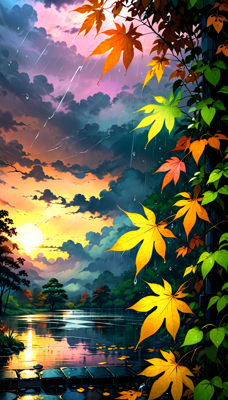 Beautiful sunset rain background with leaves. zen , Rainy day in the fall, a colorful nature scene， a creative concept for a wallpaper or design.