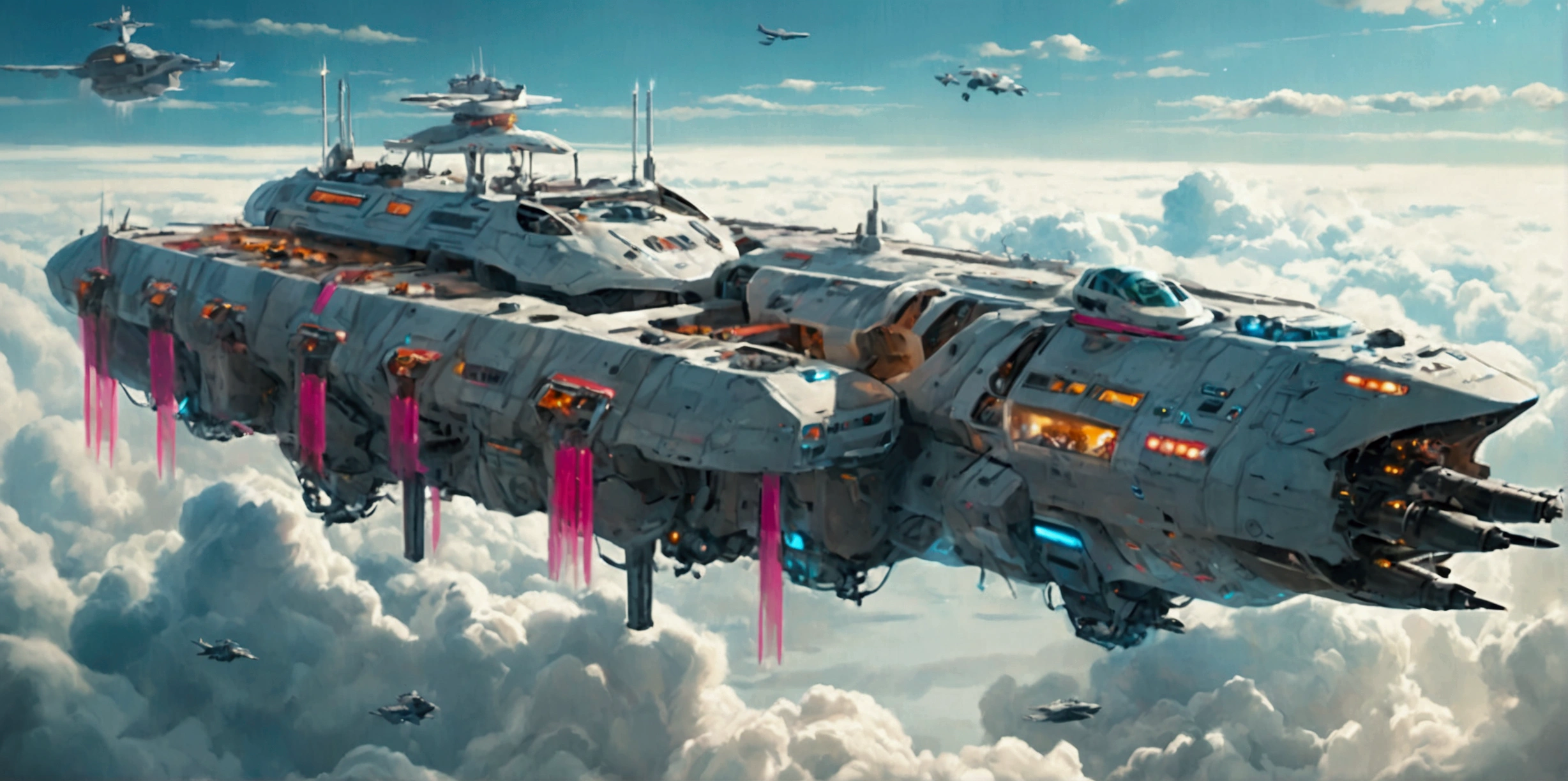 (best quality,ultra-detailed,realistic:1.37), A long wide giant heavily armored divine futuristic flying all terrain biomechanical space battleship covered in rainbow batik pattern and glowing javanese runic symbols, (multiple retractable cybernetic spider legs with wheels on the tips), divine halo, flying hovercraft, flying submarine, flying aircraft carrier, flying hotel, flying resort, flying city, flying skyscraper, flying cruise ship, flying yacht, flying castle, flying military base, multiple thrusters, multiple helipad, multiple propeller, mobile headquarters, mobile command center, automatic turrets, missile banks, missile defense system, multi-port rear engine arrays, large pivoted missile pods, anti-air batteries, reactive armour over vital spaces, VTOL thrusters, ventral ground-facing VTOL thruster bays, retractable center cannon, super carrier, sky carrier, space station, floating city, floating castle, white background