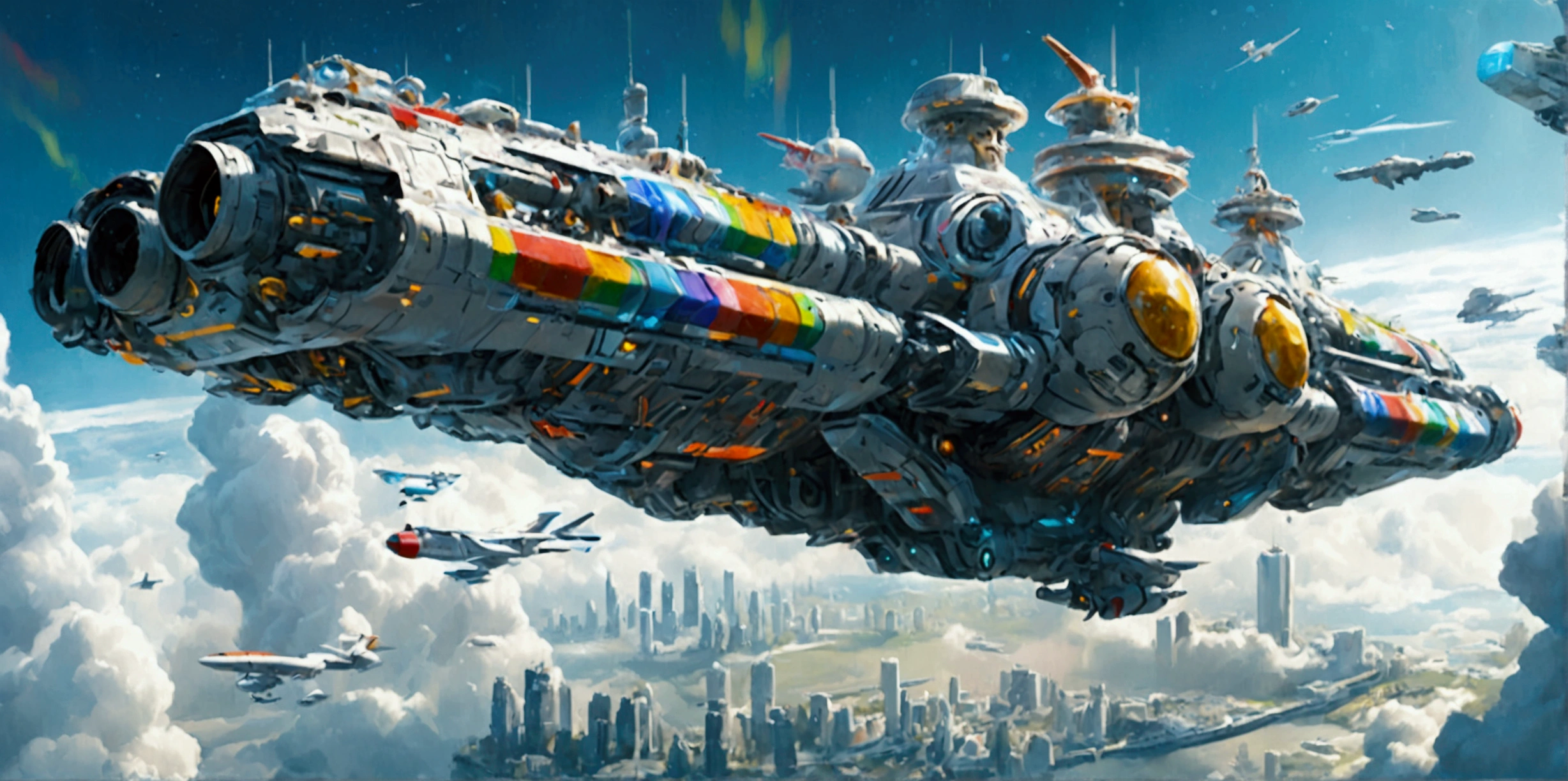 (best quality,ultra-detailed,realistic:1.37), A long wide giant heavily armored divine futuristic flying all terrain biomechanical space battleship covered in rainbow batik pattern and glowing javanese runic symbols, (multiple retractable cybernetic spider legs with wheels on the tips), divine halo, flying hovercraft, flying submarine, flying aircraft carrier, flying hotel, flying resort, flying city, flying skyscraper, flying cruise ship, flying yacht, flying castle, flying military base, multiple thrusters, multiple helipad, multiple propeller, mobile headquarters, mobile command center, automatic turrets, missile banks, missile defense system, multi-port rear engine arrays, large pivoted missile pods, anti-air batteries, reactive armour over vital spaces, VTOL thrusters, ventral ground-facing VTOL thruster bays, retractable center cannon, super carrier, sky carrier, space station, floating city, floating castle, white background