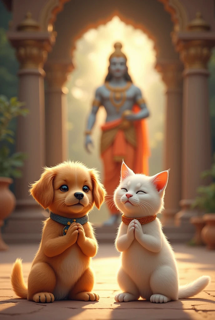 Create a cute and heartwarming scene where a dog and a cat are standing with folded hands (in a prayer-like pose) in front of Lord Hanuman & Loard Ram Ji . The animals should look adorable and peaceful