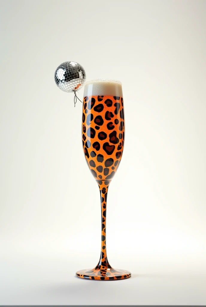 A picture with a wide champagne glass in leopard design and with a white background and with a disco ball. The symbols should look like a caricature