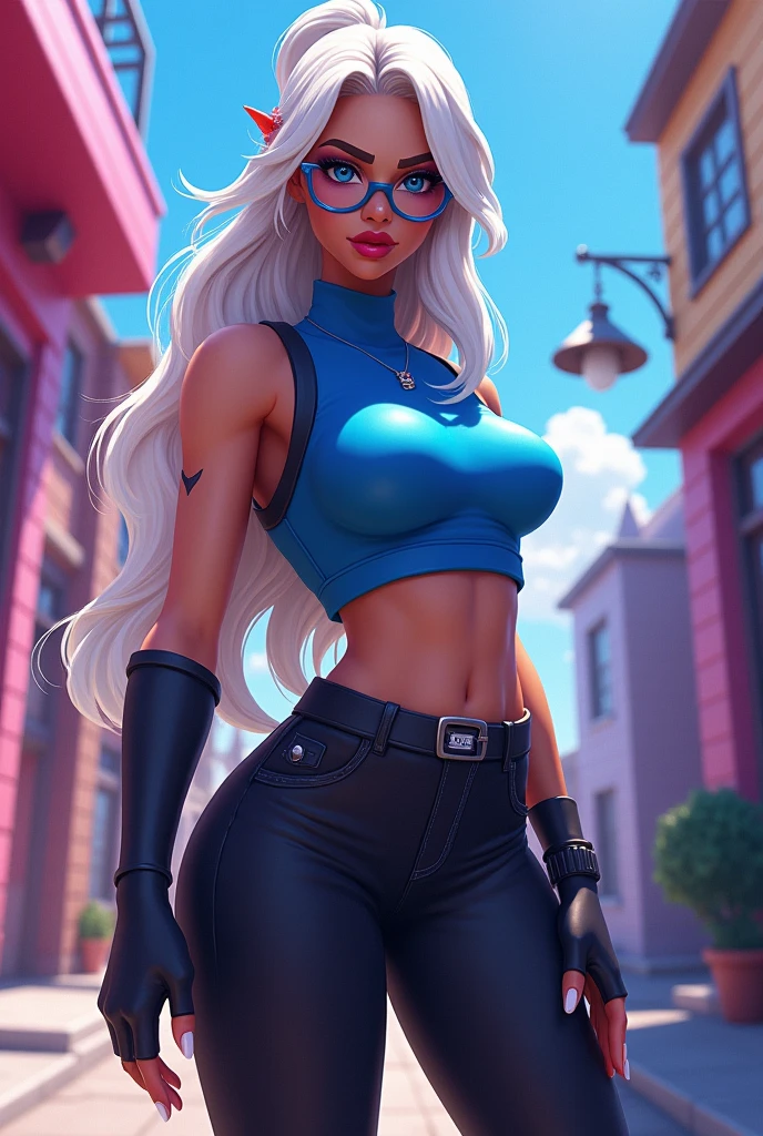 fortnite style girl, long white hair, Broad Hips, blue colored eyes, wearing glasses, Allstar Sneakers, sexy cobalt blue top black leggings full body sexy pose