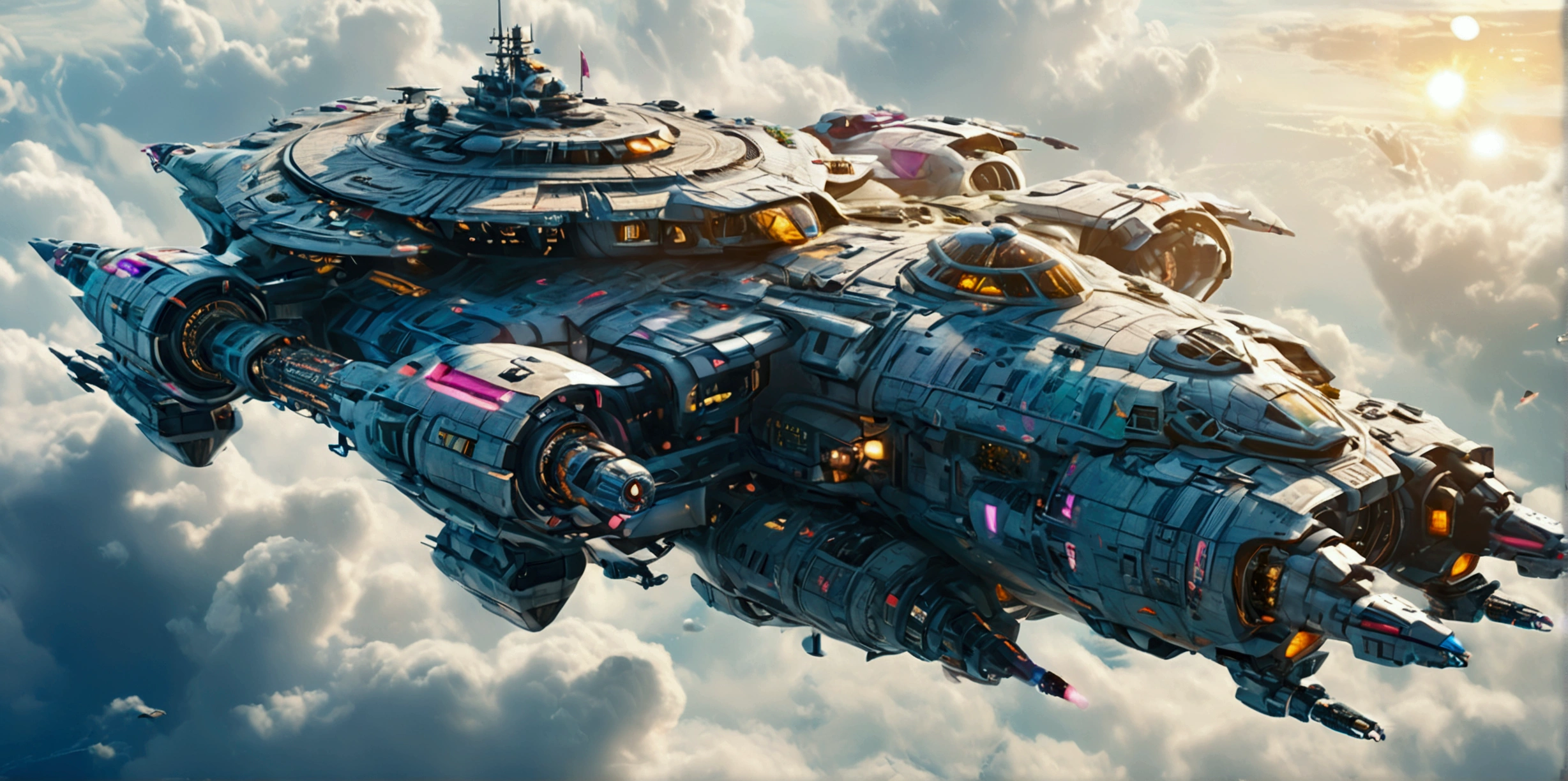 (best quality,ultra-detailed,realistic:1.37), A long wide giant heavily armored divine futuristic flying all terrain biomechanical space battleship covered in rainbow batik pattern and glowing javanese runic symbols, (multiple retractable cybernetic spider legs with wheels on the tips), divine halo, flying hovercraft, flying submarine, flying aircraft carrier, flying hotel, flying resort, flying city, flying skyscraper, flying cruise ship, flying yacht, flying castle, flying military base, multiple thrusters, multiple helipad, multiple propeller, mobile headquarters, mobile command center, automatic turrets, missile banks, missile defense system, multi-port rear engine arrays, large pivoted missile pods, anti-air batteries, reactive armour over vital spaces, VTOL thrusters, ventral ground-facing VTOL thruster bays, retractable center cannon, super carrier, sky carrier, space station, floating city, floating castle, white background