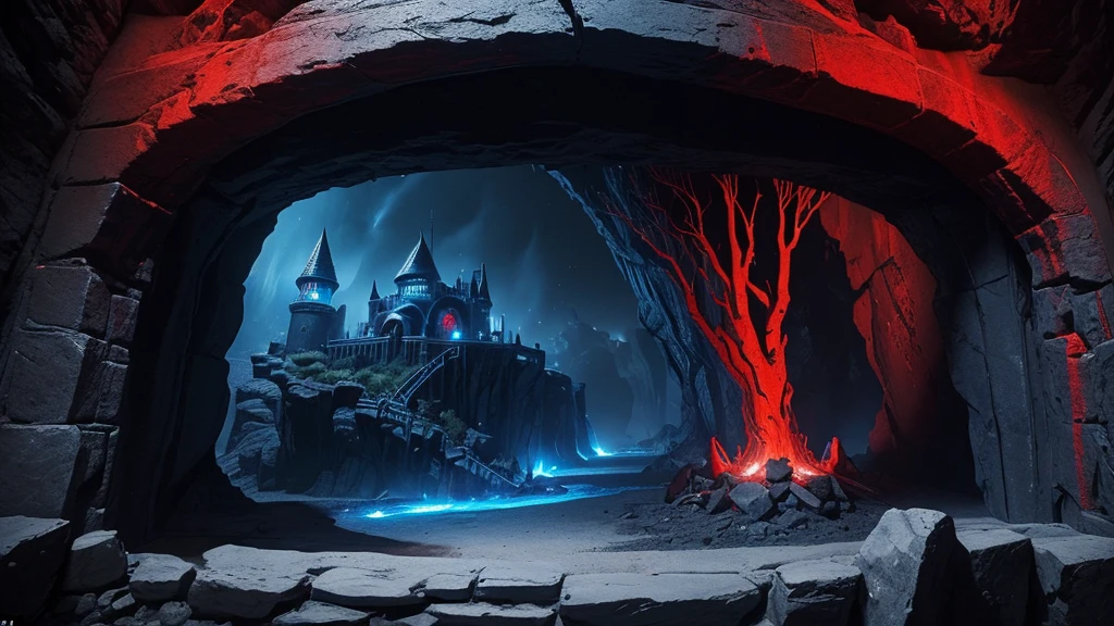 (masterpiece), (best quality), (The finest details), (General view from a distance), (Main colors: Dark Blue), (Secondary Color: Red), night, shadow (detailed, Strong contrast),unmanned,magnificent,dark,Red glow,A cave with spells carved on it,Chamber of Secrets,Sacrifice,chain
