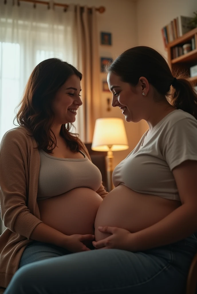 Pov you want to hug and stroke the belly of your big pregnant plus size stepmother as she sits on a chair at home and looks at you with a smile. fisheye camera view, iphone camera style. HD, realface, cinematic