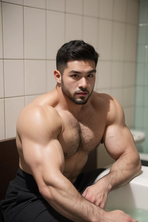 ((best quality)), ((masterpiece)), (detailed), perfect big detailed hairy plump muscle man in bath , beard, dark skin color, skinhead, Japanese men,  In black boxer and short hair, full body 