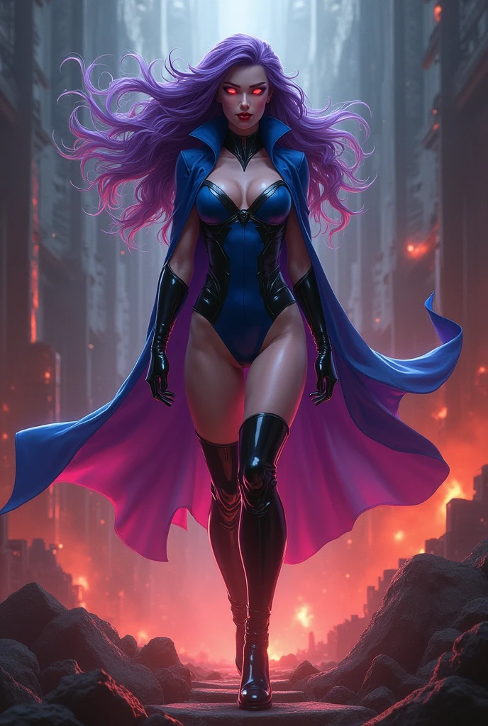 A beautiful super powered villainess with purple and blue hair and glossy red lips. Her eyes are emanating red energy with barely contained power and rage. She is wearing a skintight blue and black full sleeve microdress and black mid calf high boots. Floating over the still burning ruins of the Hall of Justice.