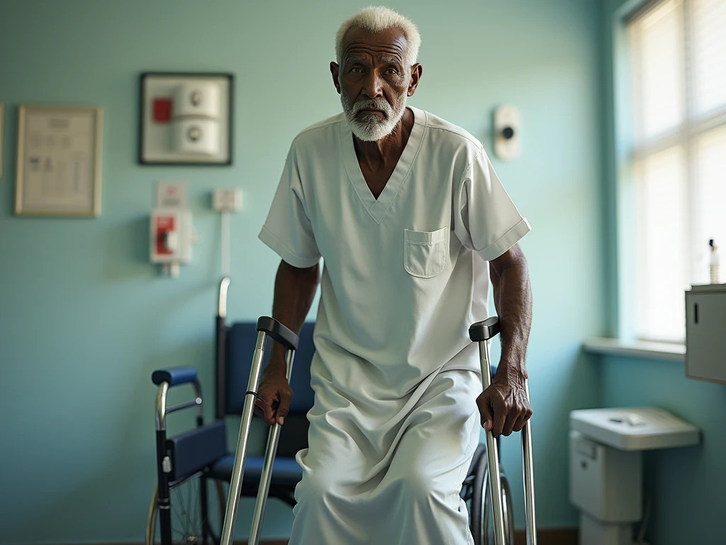 NSFW, Photo brute 8k, best quality, head of&#39;artwork, ultra haute résolution, grain de film, film, 1 elderly African man, in a wheelchair with crutches in hand ready to stand up, dans une pièce d'hospitalisation. 