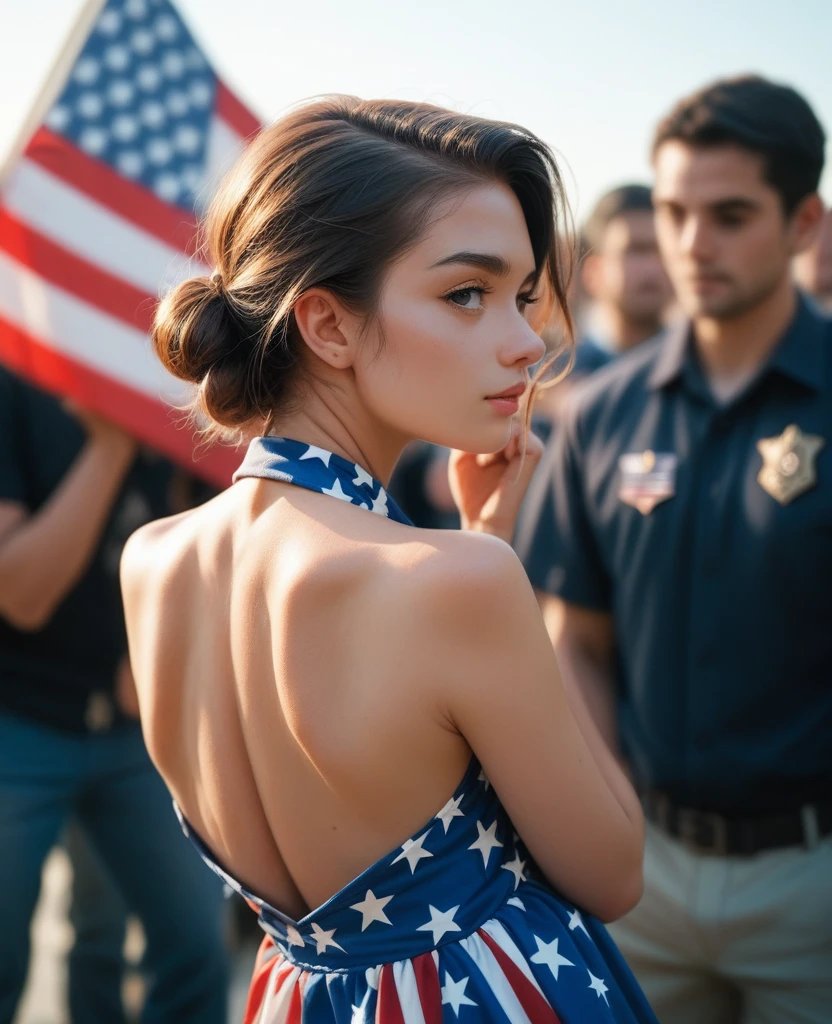 young woman in colonial america, waist bare, backless, back to audience ((face not shown))