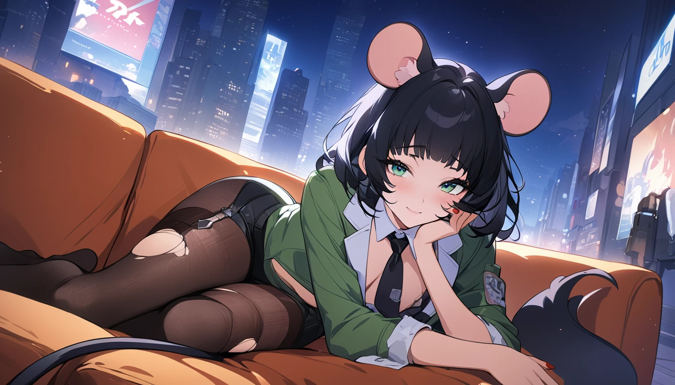 masterpiece，high resolution，Anime Art，Anime Numbers， 4k anime wallpaper，Soft Light，Radiant Skin，Looking at the camera，Solitary，An anime girl，Lying on the sofa，Black hair，Green eyes，tie，Black Devil Tail，Red nails，Ripped garter stockings，Modern City，Night Sky，Mouse ears