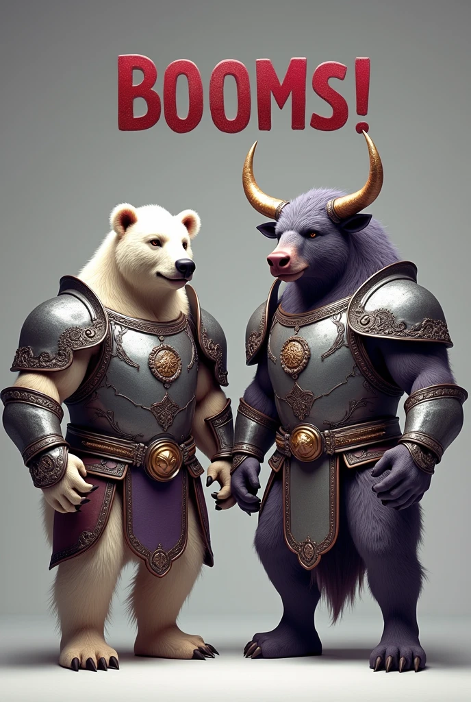 I need a picture of bear and bull is there together wearing armor and Hallmark color gray and purple and then their friendly with each other and that taking picture with a smile in the face and both of the muscular and in the armor 'BOOMS!'written and there body different color and bear some white most of body white and some brown and bull greyish purpl. They cute