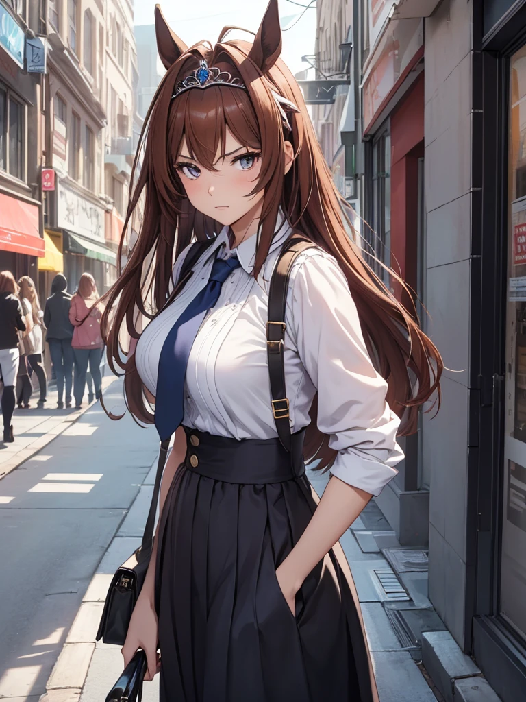(masterpiece、top-quality、hight resolution、Unity 8k、extremely details CG:1,Best Picture), daiwa scarlet(umamusume), animal ears, brown hair, horse girl, ((Tiara)), "A famous porn star, confronted by someone who recognizes her on a weekday while she is out in public. Despite being teased or mocked about her profession, she maintains a firm and dignified stance. She stands tall, with a confident posture, dressed stylishly yet modestly. Her expression is calm and unwavering, showing that she is not intimidated or ashamed. The scene captures her strength and self-assurance as she handles the situation with grace and resolve."