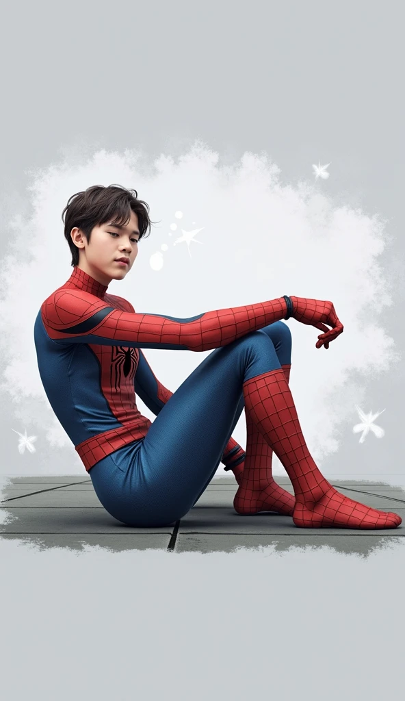 This image shows a young man sitting back with his knees bent towards his chest. He wears a red and blue superhero costume that looks like Spider-Man's costume. This costume has a distinctive design with web stripes on the blue part and a spider symbol on the chest. This man has dark brown hair, with a slightly messy hairstyle. His facial expression looked calm and slightly dreamy.