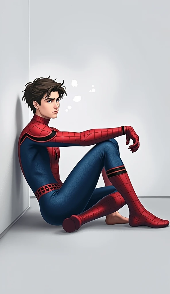 This image shows a young man sitting back with his knees bent towards his chest. He wears a red and blue superhero costume that looks like Spider-Man's costume. This costume has a distinctive design with web stripes on the blue part and a spider symbol on the chest. This man has dark brown hair, with a slightly messy hairstyle. His facial expression looked calm and slightly dreamy.