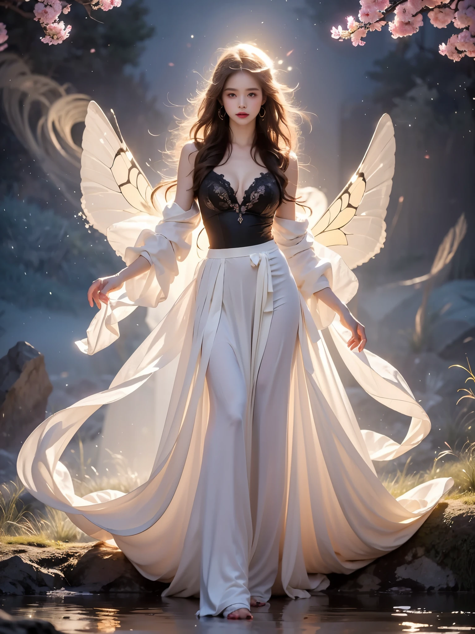 Beautiful dance pose, She gently lifted her skirt with one hand, Long legs , In the pool, ((Flowing long hair))Official Art , Unity8k Wallpaper , Extremely detailed , Visible cleavage, Pretty and beautiful , 性感Long legs, masterpiece , best quality ,Practical, Very detailed illustrations ,Extremely detailed , Intricate details , Extremely complex and detailed , Very detailed 8KCG wallpaper , Caustics .reflection , Ray Tracing , Devil theme ,nebula ,Dark aura, Network Effects , (1 girl)solitary , 小蓝Butterfly , There are dozens of monarch butterflies around , (Blue plasma flame , (insect , Butterfly)) Pastel tones in Rococo style ,Light white and light dark red , Incredibly beautiful , Cherry blossoms , Surrealism ,painting , Ethereal , Mixing reality and fantasy elements ,Ray Tracing , Complex Mode , Exquisite lines , Perfect your hands, Starry Sky , Colorful , Star