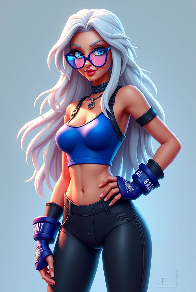 fortnite style girl, long white hair, Broad Hips, blue colored eyes, wearing glasses, Allstar Sneakers, sexy cobalt blue top black leggings full body