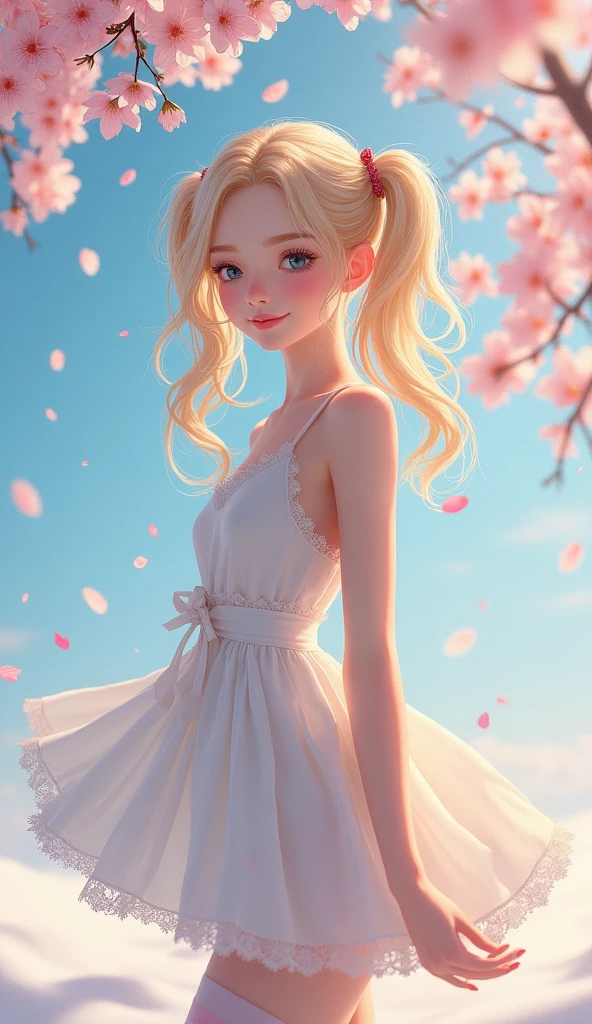 A shower of falling cherry blossoms, clear skies, a blanket of snow, a fresh breeze, a fluttering skirt, blonde twin-tails, blue eyes, a rich expression, a gentle smile, a stylish camisole, long striped socks, bright sunlight, a variety of feminine poses, wonderful depictions, an award-winning work.