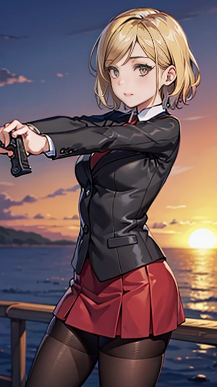 Highest quality、Ultra HD、One Woman、(Silver short hair 1.3)、(Red blazer 1.3)、(Red tie)、(shirt)、(Red Heel 1.1)、((Red Mini Tight Skirt))、((Black tights 1.2))、((1 Shooting a gun with both hands.5))、Stylish、Beautiful Faces、(Black belt 1.2)、2 female、Glamorous Body、(Sunset slum background 1.2)、((A clear and beautiful touch))