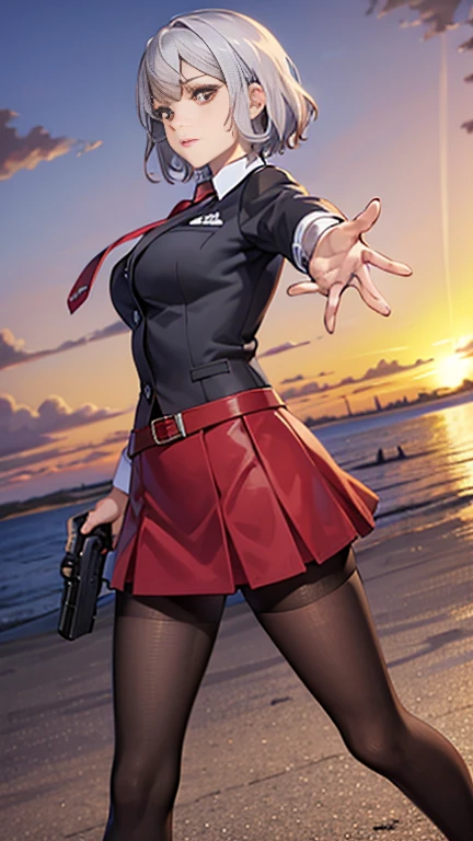 Highest quality、Ultra HD、One Woman、(Silver short hair 1.3)、(Red blazer 1.3)、(Red tie)、(shirt)、(Red Heel 1.1)、((Red Mini Tight Skirt))、((Black tights 1.2))、((1 Shooting a gun with both hands.5))、Stylish、Beautiful Faces、(Black belt 1.2)、2 female、Glamorous Body、(Sunset slum background 1.2)、((A clear and beautiful touch))