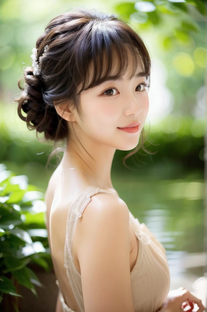 Up-do hairstyle, bangs that flow to the right, cute and beautiful appearance, and an expression that exudes a gentle personality.